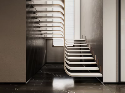 Modern Floating Curved Staircase Design With White Steps And Dark Floor 3d model