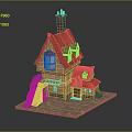Cartoon Style House With Red Roof Chimney Stone Steps Brown Walls And Windows