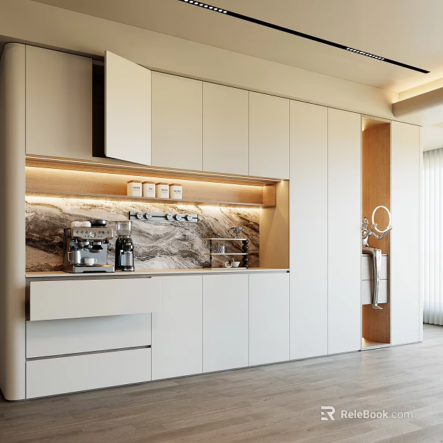 Modern Minimalist Cream White Sideboard With Built In LED Light Marble Backdrop And Ample Storage 3d model 