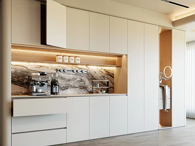 Modern Minimalist Cream White Sideboard With Built In LED Light Marble Backdrop And Ample Storage 3d model