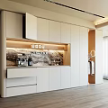 Modern Minimalist Cream White Sideboard With Built In LED Light Marble Backdrop And Ample Storage