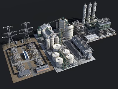 Industrial Building Complex with Large Storage Tanks High Towers and Power Transmission Facilities 3d model