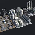 Industrial Building Complex with Large Storage Tanks High Towers and Power Transmission Facilities