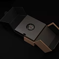 Decorative Ornament Set In Open Black Box With Wooden Texture And Circular Design