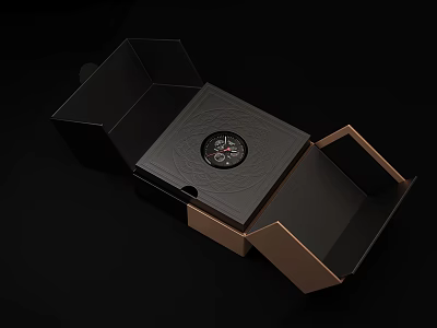 Decorative Ornament Set In Open Black Box With Wooden Texture And Circular Design 3d model