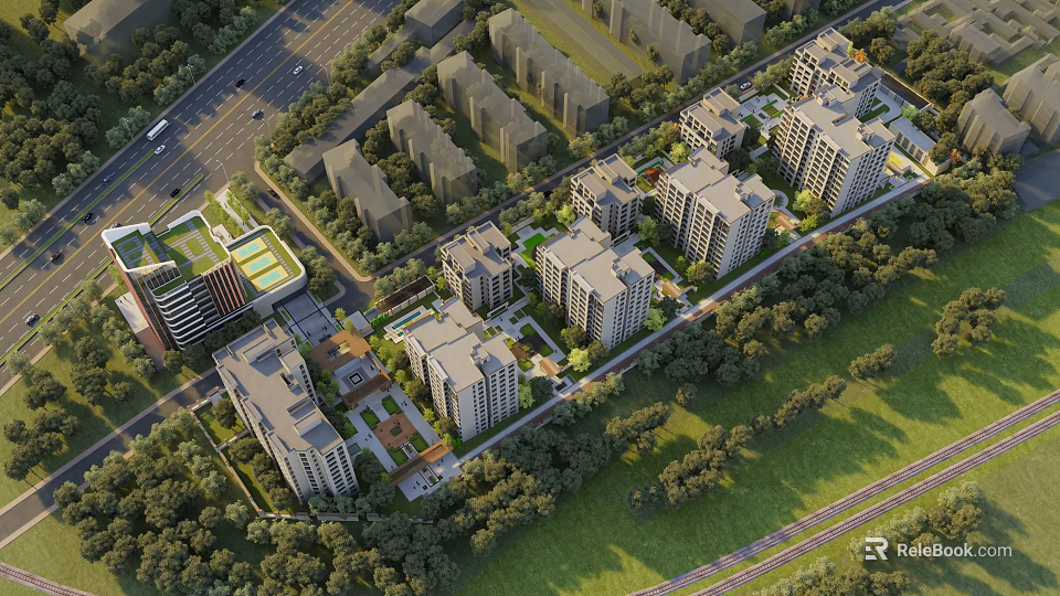 Aerial View Planning of Modern Residential Community with Green Spaces and Roads 3d model 
