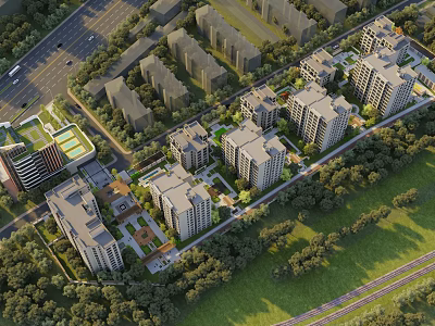 Aerial View Planning of Modern Residential Community with Green Spaces and Roads 3d model