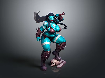 Blue Skinned Female Warrior in Armored Outfit Holding Large Axe With Skull at Feet 3d model