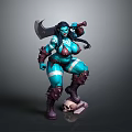 Blue Skinned Female Warrior in Armored Outfit Holding Large Axe With Skull at Feet