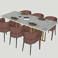 Modern Rectangular Dining Table Set With White Marble Top And Six Pink Upholstered Chairs 3d model