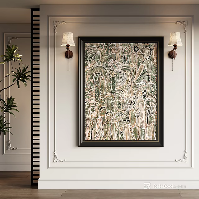 Abstract Painting With Organic Green Beige Patterns For Modern Interior Wall Decor 3d model 