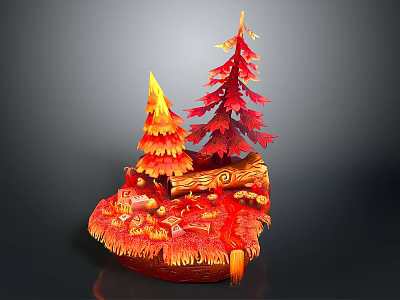 Cartoon Scene Featuring Red Trees Flame Like Design Log And Decorative Orange Red Base 3d model