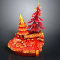 Cartoon Scene Featuring Red Trees Flame Like Design Log And Decorative Orange Red Base