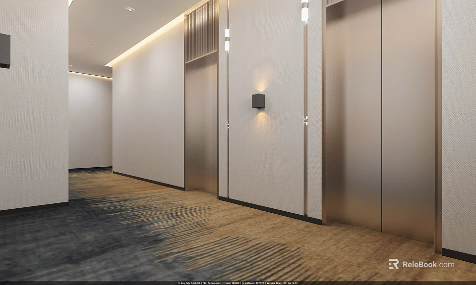 Sleek Hotel Corridor Interior With White Walls Elevators Wall Lights And Carpet 3d model