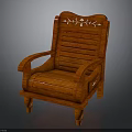 Warm Toned Wooden Chair With Carved Floral Details Armrests And Striped Backrest