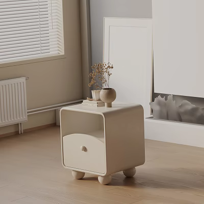 Simple Beige Bedside Table With Drawer And Dried Flowers Vase In Modern Bedroom 3d model