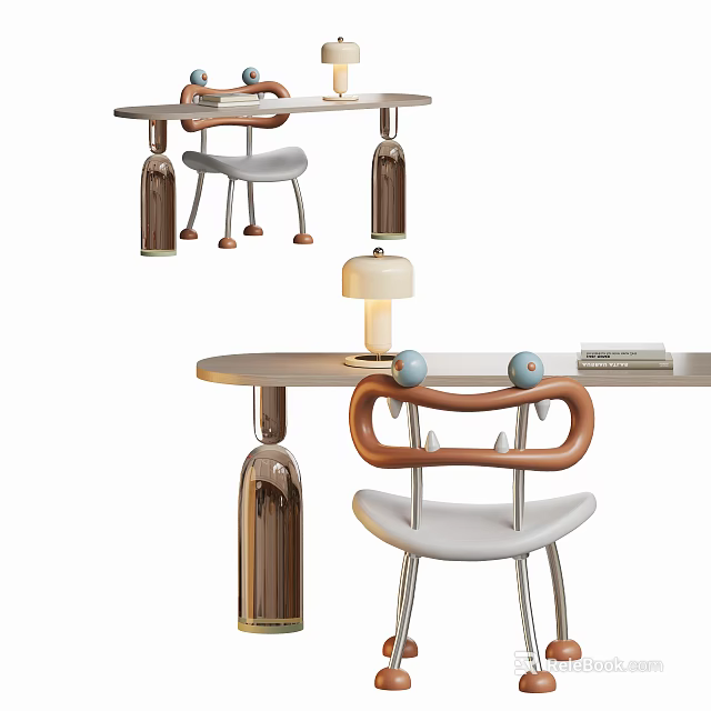 Modern Wooden Kids Desk With Matching Chair Small Lamp And Decorative Balls 3d model 