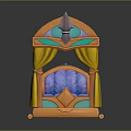 Decorative Pavilion Seat with Orange Striped Roof Yellow Curtains Blue Cushion on Bamboo like Supports