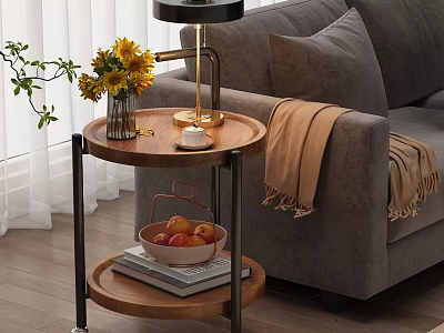 Two Tiered Round Wooden Side Table with Sunflowers Books and Apple Basket by Grey Sofa 3d model