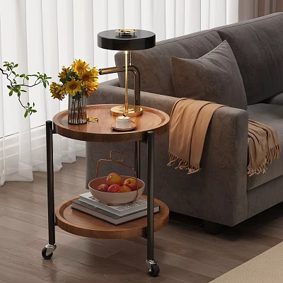 Two Tiered Round Wooden Side Table with Sunflowers Books and Apple Basket by Grey Sofa 3d model