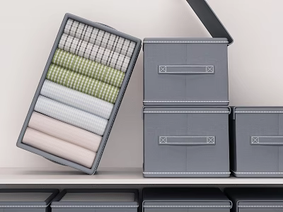 Gray Storage Boxes With Folded Colorful Towels Stacked On Shelves For Home Organization 3d model