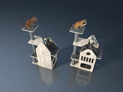 Swing Door Cat Tree Structure With Platforms And Pet Cats On Top 3d model