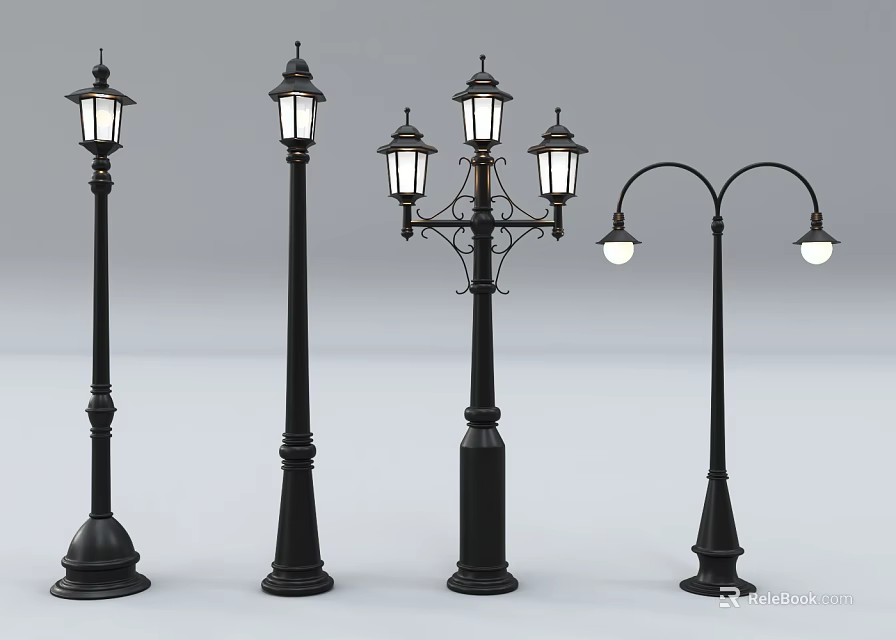 Outdoor Lights With Black Poles Various Classic Designs For Gardens And Streets 3d model 