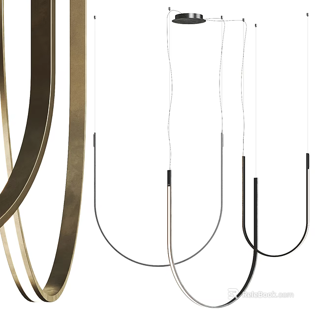 Modern Curved Metal Pendant Lights With Sleek Black And Gold Geometric Design 3d model 