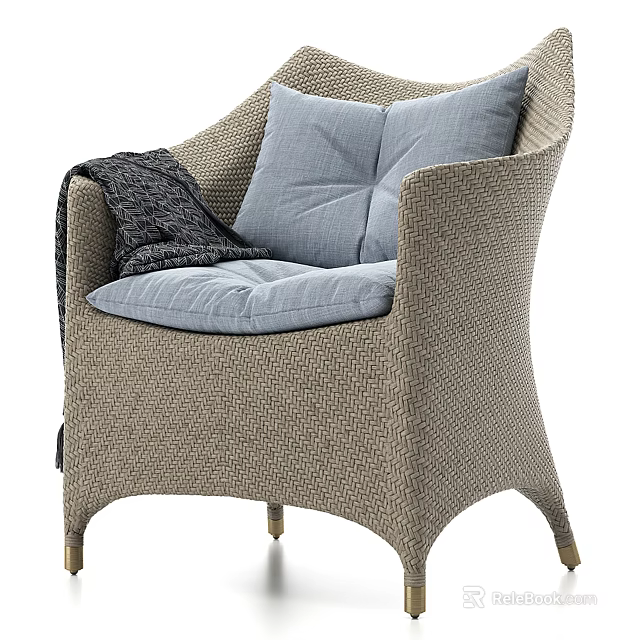 Beige Woven Leisure Chair With Light Blue Cushions Dark Blanket And Metal Legs 3d model 