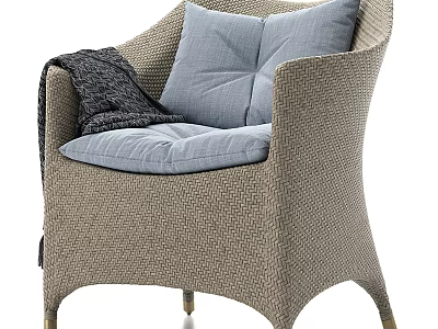 Beige Woven Leisure Chair With Light Blue Cushions Dark Blanket And Metal Legs 3d model