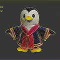 Cute Penguin Plush Toy with Black White Body Yellow Beak Feet Dark Blue Outfit Colorful Trim Pink Scarf