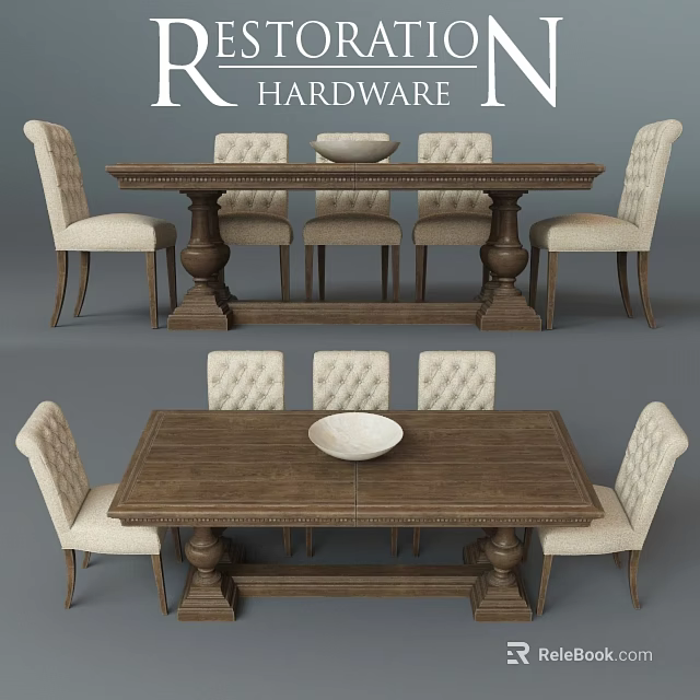Classic Wooden Dining Table Set With Upholstered Chairs And Carved Legs Design 3d model 