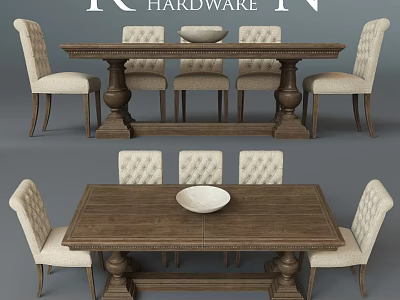 Classic Wooden Dining Table Set With Upholstered Chairs And Carved Legs Design 3d model