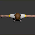 Child with Red Hair Wearing Blue Overalls Shorts and White T-shirt Standing with Arms Outstretched