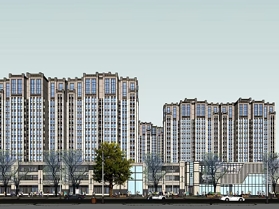 Modern High-rise Residential Building Complex With Commercial Shops Trees And Vehicles 3d model