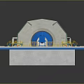 Large Blue Cylindrical Industrial Equipment On Concrete Platform With Metal Supports