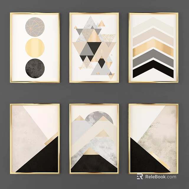 Modern Geometric Wall Frames With Abstract Art Gold Borders And Black White Tones 3d model