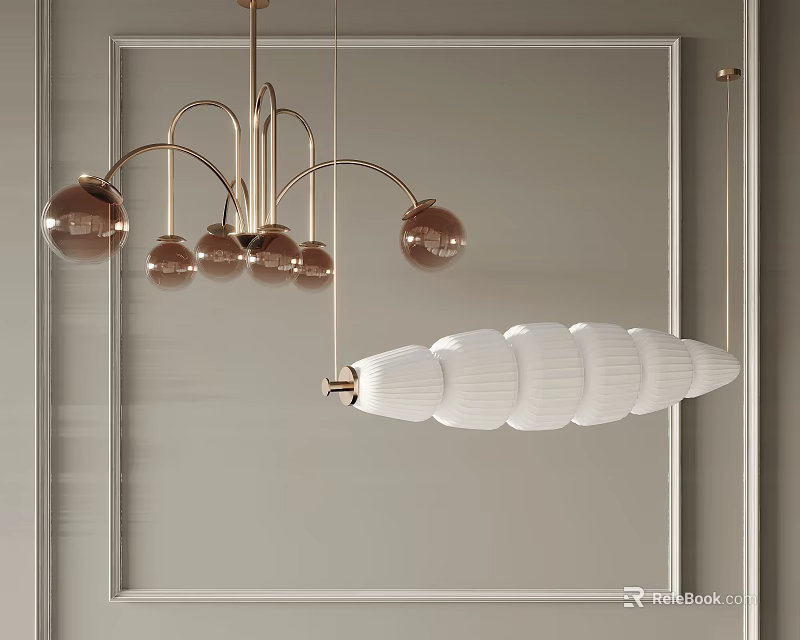 Modern Gold Metal Chandeliers With Spherical Bulbs And White Pleated Pendant Light 3d model 