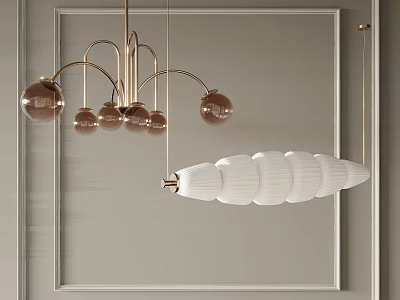 Modern Gold Metal Chandeliers With Spherical Bulbs And White Pleated Pendant Light 3d model