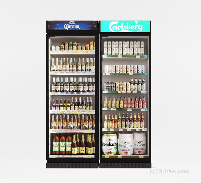 Corona And Carlsberg Upright Freezers Well Stocked With Various Bottled Beverages 3d model 