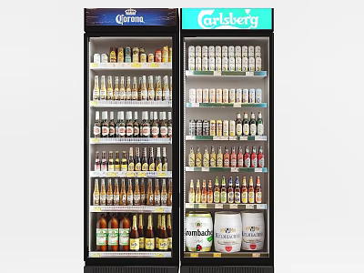 Corona And Carlsberg Upright Freezers Well Stocked With Various Bottled Beverages 3d model