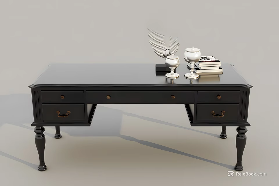 Classic Black Office Desk With Drawers White Decorative Items Candles And Books 3d model 