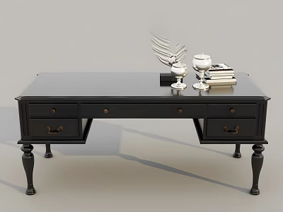 Classic Black Office Desk With Drawers White Decorative Items Candles And Books 3d model
