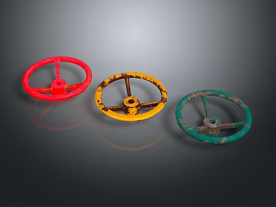 Three Worn Vintage Steering Wheels in Red Yellow Green on Gray Background 3d model