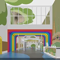 Modern Kindergarten Interior With Rainbow Arch Tree Decorations Green Walls And Open Space Reception Desk
