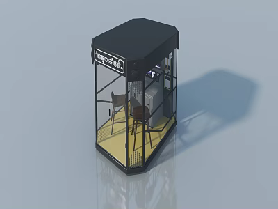 Swing Door Design For Modern Black Kiosk With Glass Wall Panels And Yellow Floor 3d model