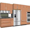 Modern Kitchen Interior With Wooden Cabinets Stainless Steel Refrigerator Oven And Microwave