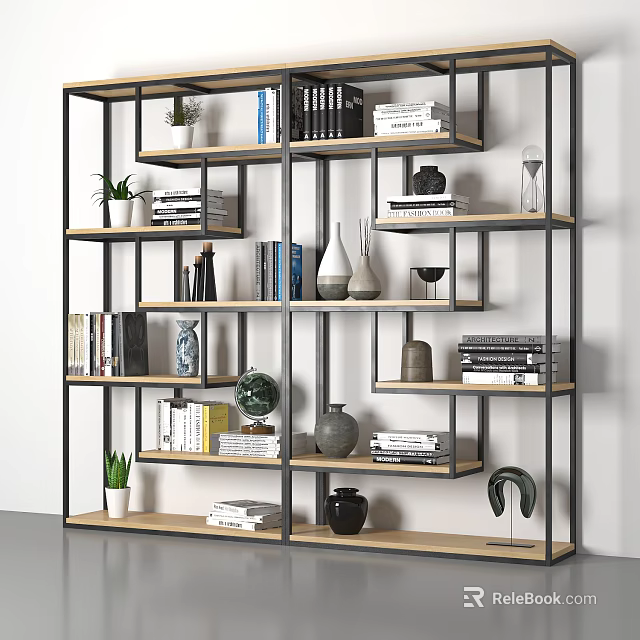 Modern Bookshelf With Wooden Shelves Metal Frame Books Decorative Items And Plants 3d model 