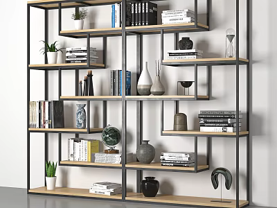 Modern Bookshelf With Wooden Shelves Metal Frame Books Decorative Items And Plants 3d model