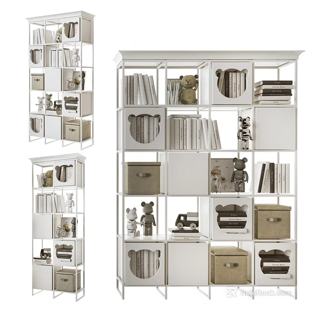 Open Design Bookcase With Multiple Shelves Storage Boxes And Decorative Figures 3d model